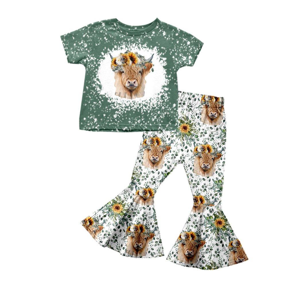 Baby Girls Western Highland Cow Sunflower Tee Shirt Top Bell Pants Clothes Sets preorder