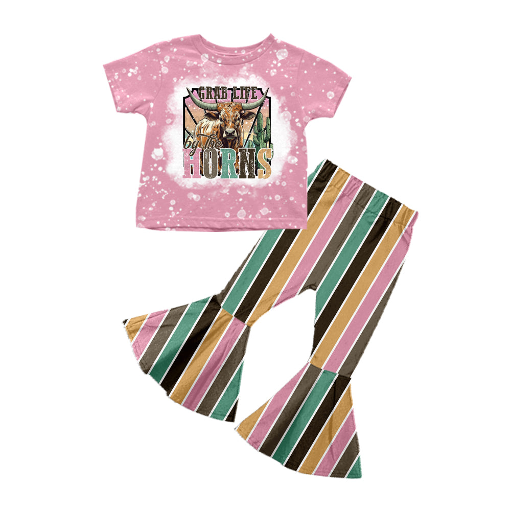 Baby Girls Western Cow Horn Tee Stripes Bell Pants Clothes Sets preorder