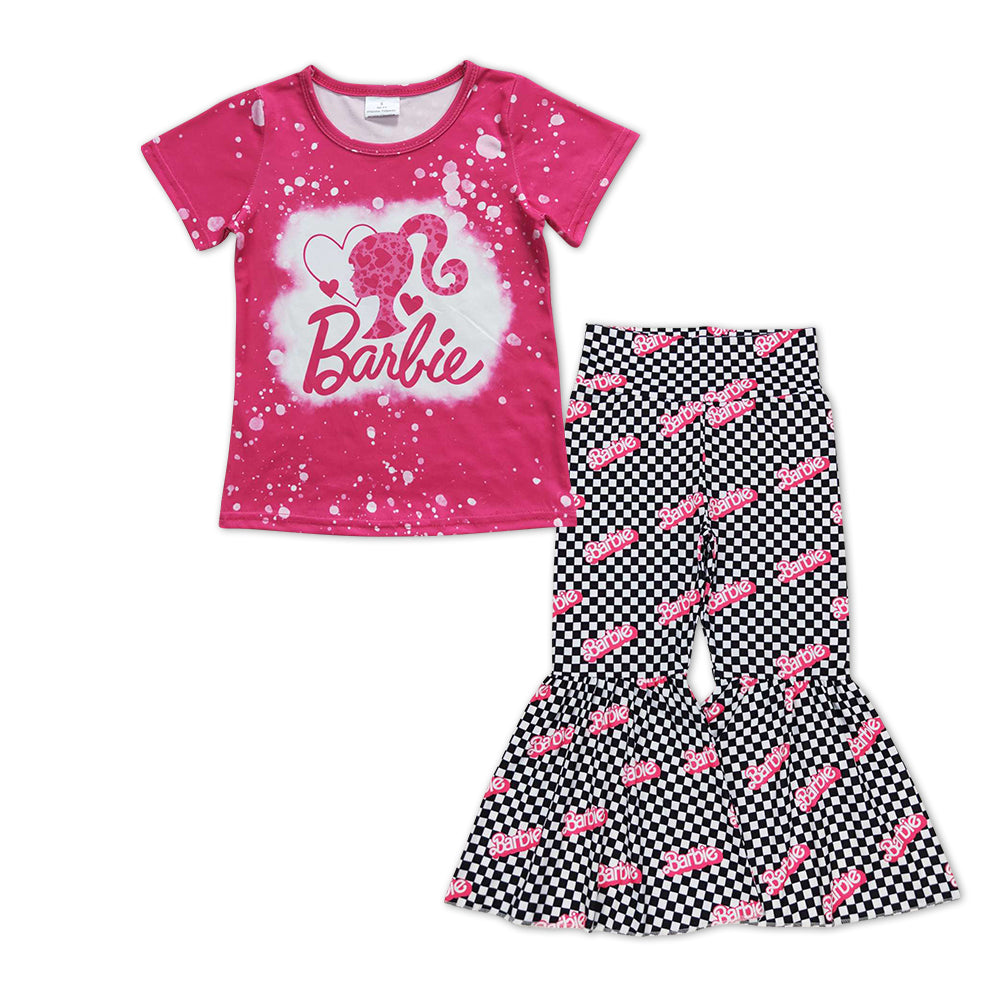 Baby Girls Pink Hearts Doll Tops Black Checkered Bell Pants Clothes Sets