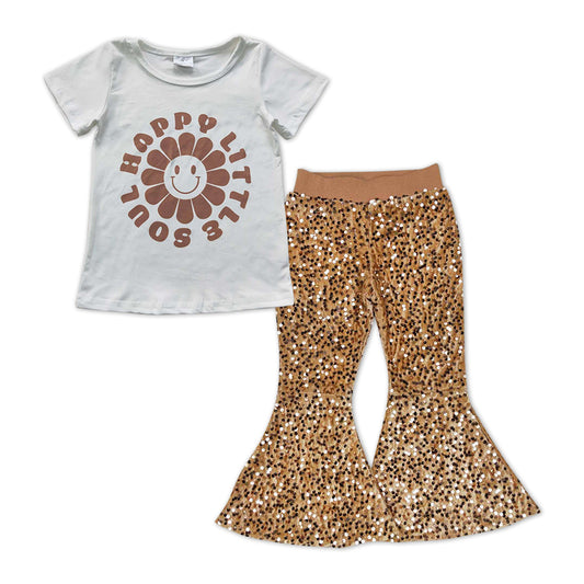 Baby Girls Happy Little Soul Short Sleeve Shirts Sequin Gold Bell Pants Clothes Sets