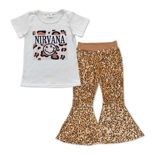 Baby Girls Leopard Short Sleeve Shirts Sequin Gold Bell Pants Clothes Sets