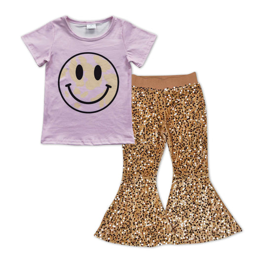 Baby Girls Smile Pink Short Sleeve Shirts Sequin Gold Bell Pants Clothes Sets