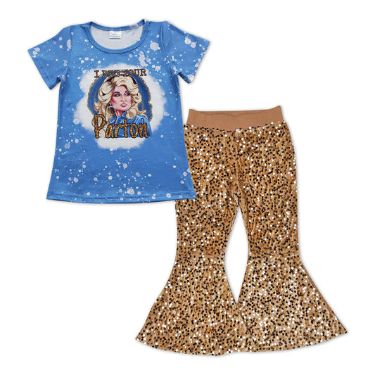 Baby Girls Singer Short Sleeve Shirts Sequin Gold Bell Pants Clothes Sets