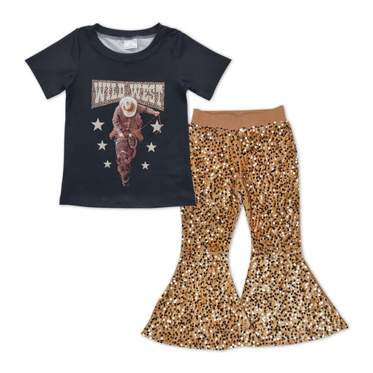 Baby Girls Wild Westen Short Sleeve Shirts Sequin Gold Bell Pants Clothes Sets
