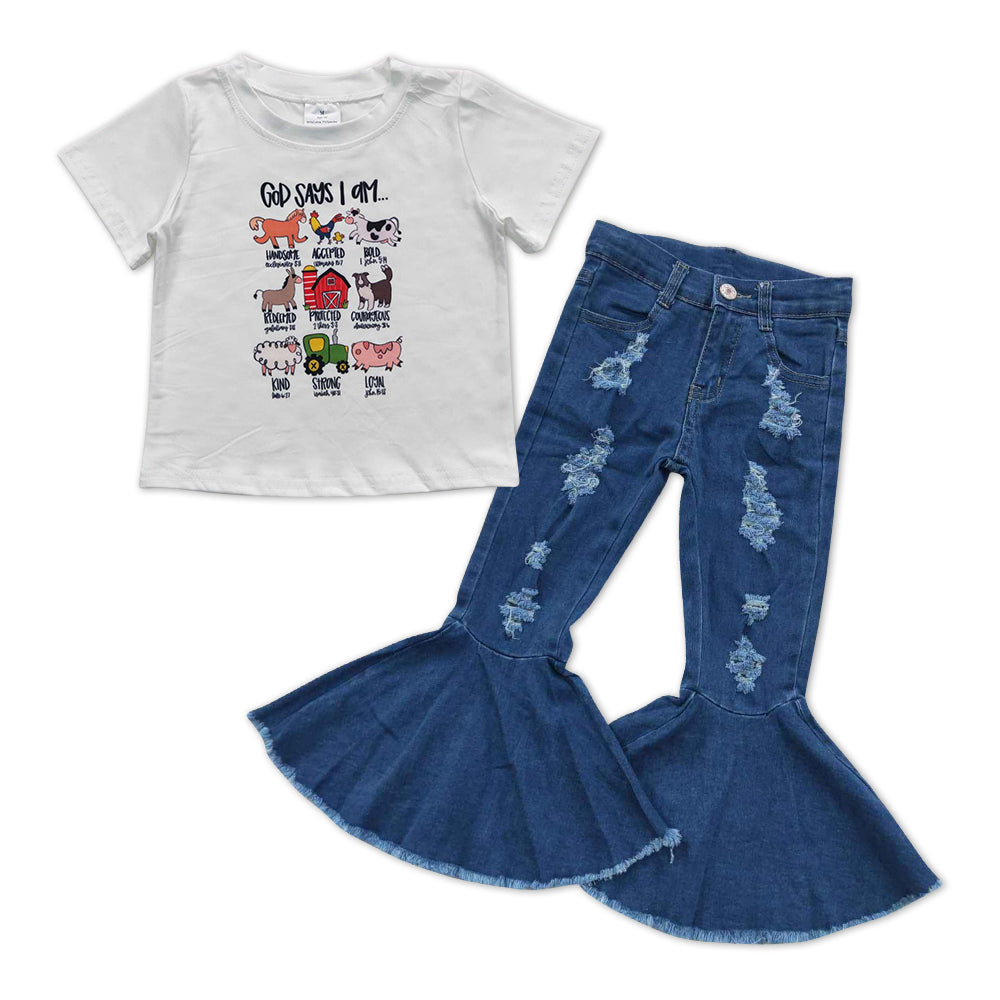 Baby Girls Farm Shirts Denim Navy Bell Pants Clothes Sets