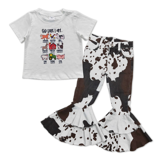 Baby Girls Farm Shirts Denim Brown Cow Print Bell Pants Clothes Sets