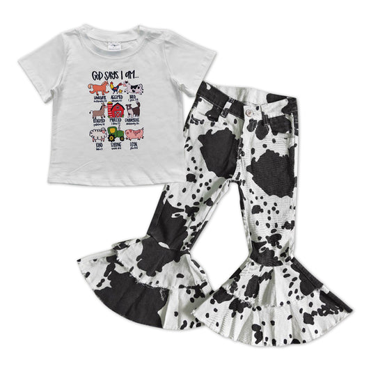 Baby Girls Farm Shirts Denim Cow Print Bell Pants Clothes Sets