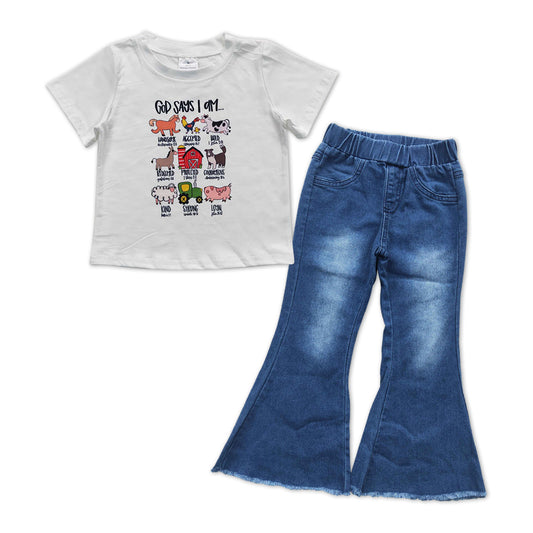 Baby Girls Farm Shirts Denim Bleached Navy Bell Pants Clothes Sets