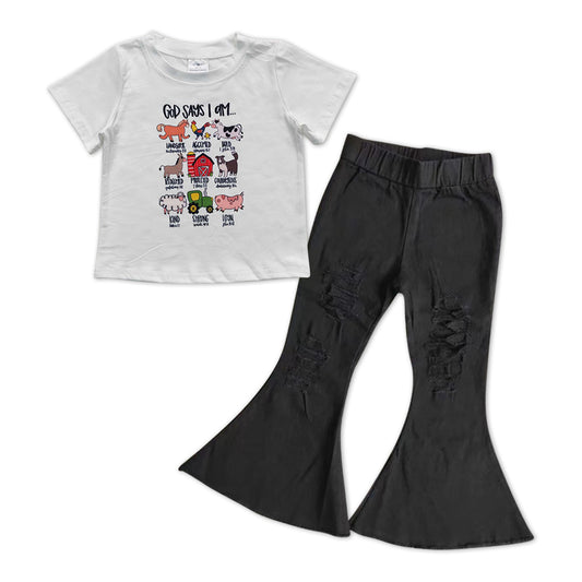 Baby Girls Farm Shirts Denim Black Distressed Bell Pants Clothes Sets