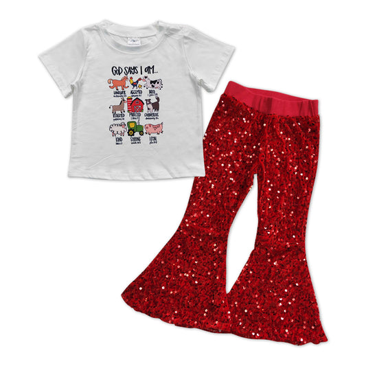 Baby Girls White Farm Short Sleeve Shirts Sequin Red Bell Pants Clothes Sets
