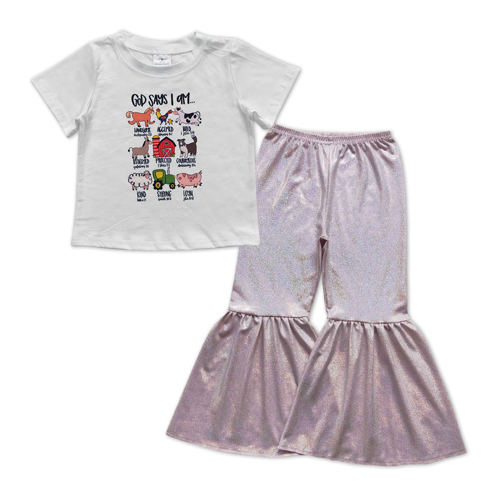 Girls Farm Tee Shirts Tops Pink Sparkle Bell Pants Clothes Sets