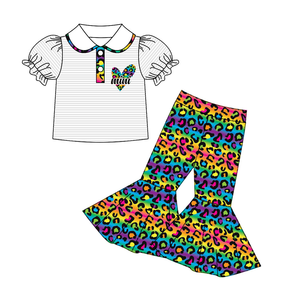 Baby Girls Doll Collar Mini Heart Short Sleeve Top Leopard Colorful Bell Pants Clothes Sets preorder