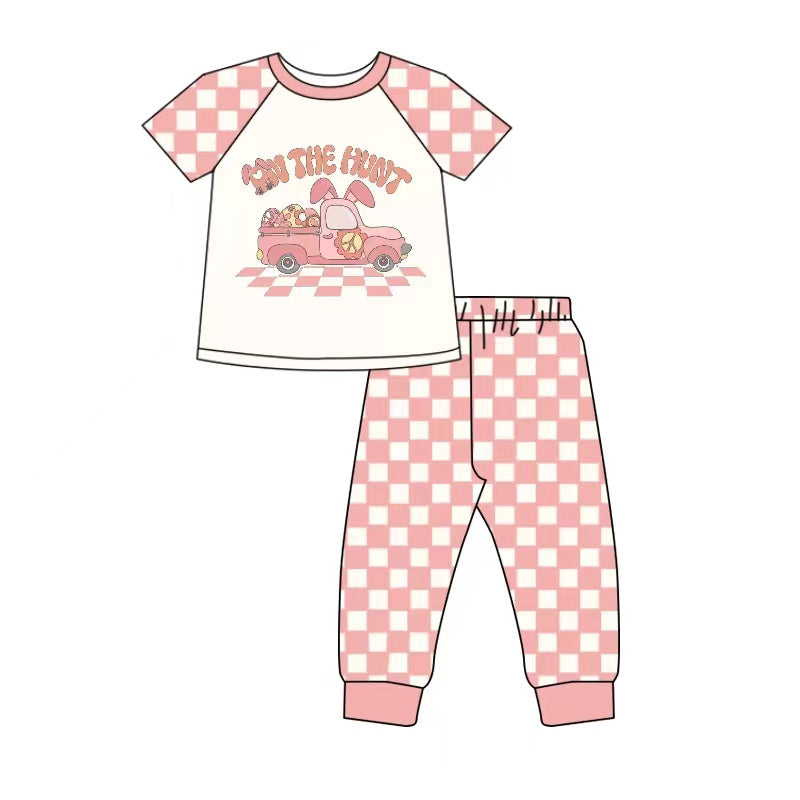 Baby Girls Easter Rabbit Egges Cars Top Pink Checkered Pants Clothes Sets preorder