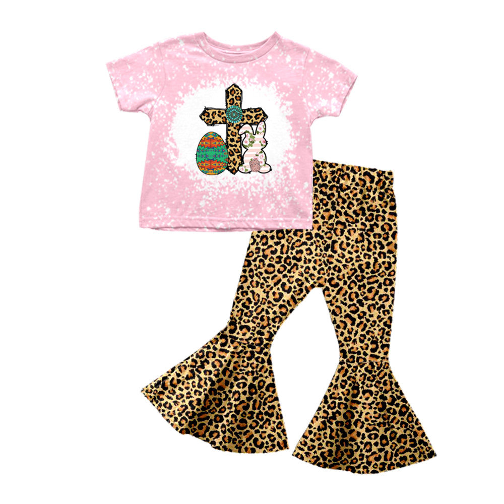 Baby Girls Easter Pink Stripes Cross Shirt Leopard Bell Pants Clothes Sets preorder