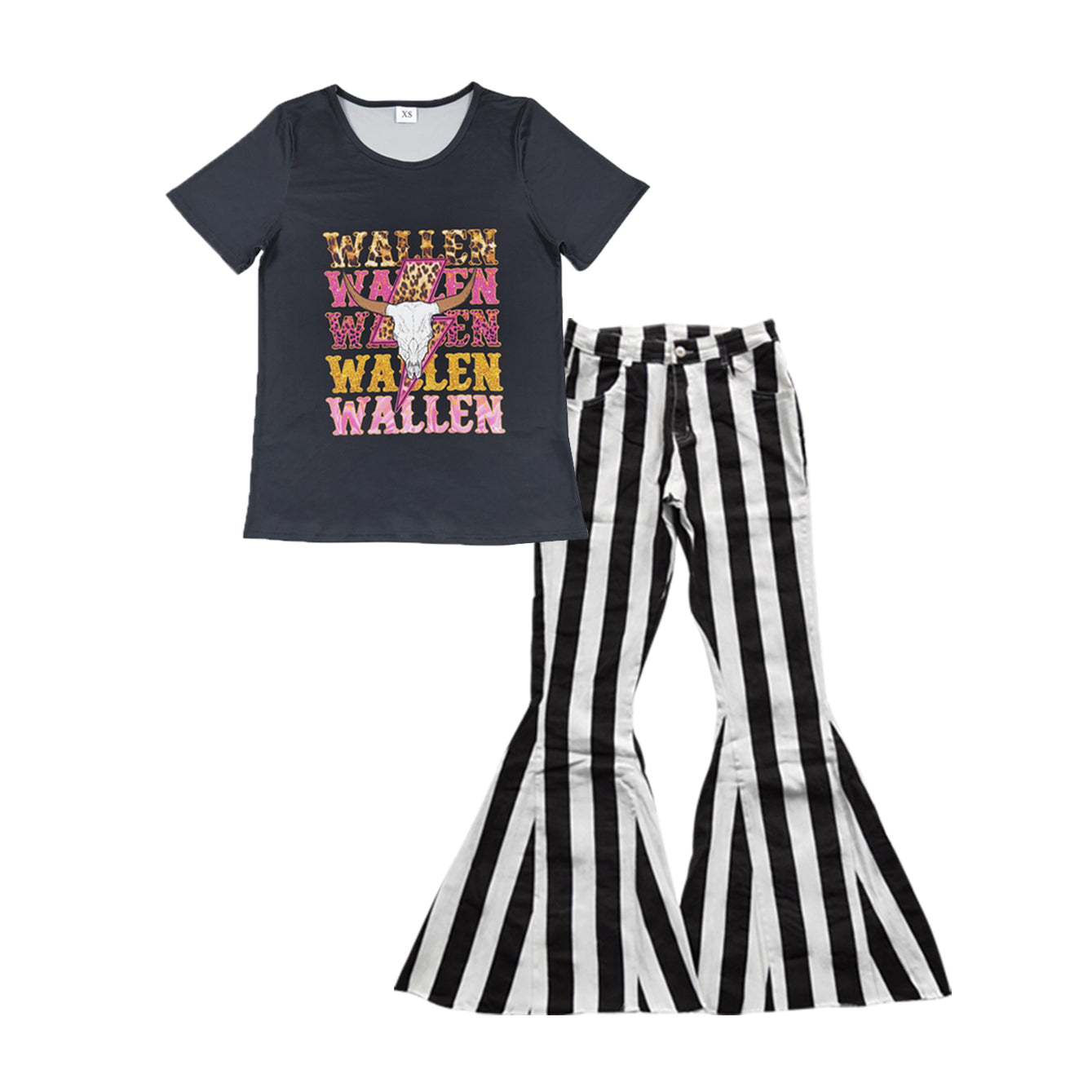 Adult Women Black Western Shirts Stripes Denim Bell Pants Jeans Sets