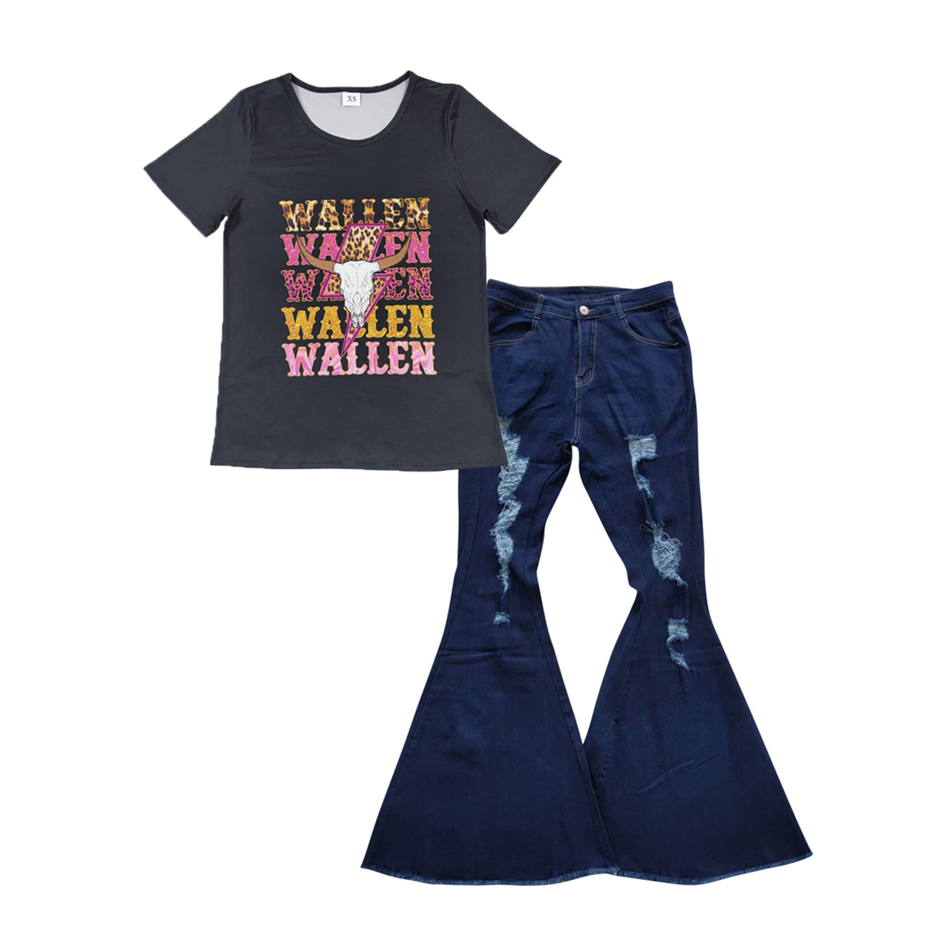 Adult Women Black Western Shirts Navy Distressed Denim Bell Pants Jeans Sets