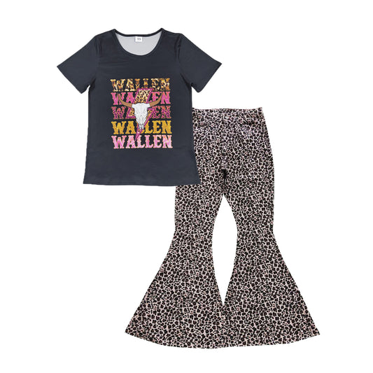 Adult Women Black Western Shirts Leopard Denim Bell Pants Jeans Sets