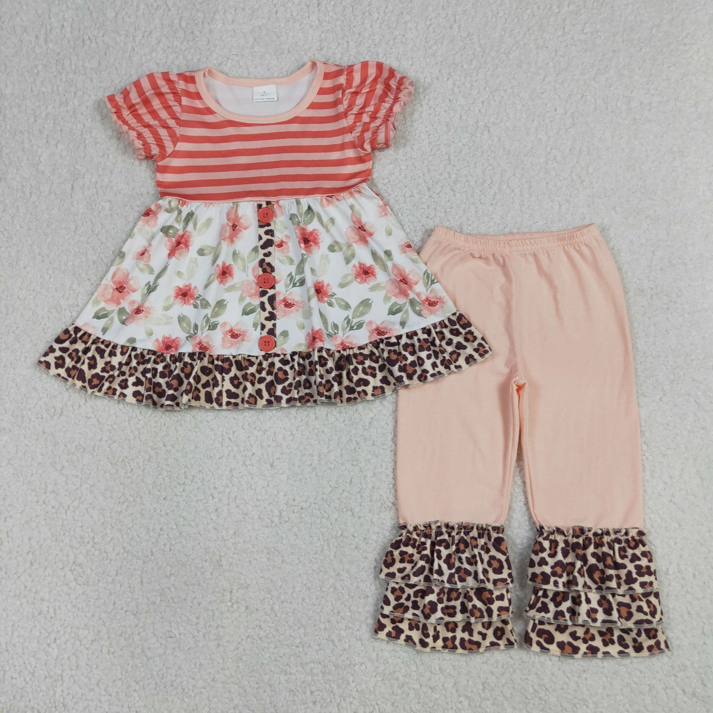 Baby Girls Leopard Flowers Button Tunic Ruffle Pants Clothes Sets