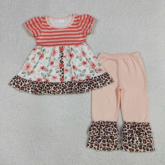 Baby Girls Leopard Flowers Button Tunic Ruffle Pants Clothes Sets