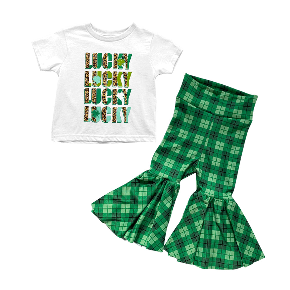 Baby Girls St Patrick Day Lucky Short Sleeve Shirts Green Plaid Bell Pants Sets preorder
