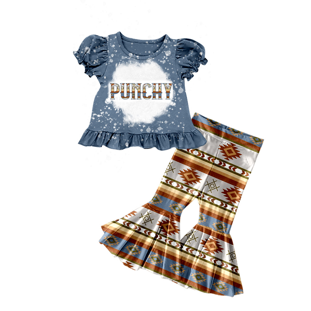 Baby Girls Western Punchy Short Sleeve Shirt Top Aztec Flare Pants Clothes Sets preorder