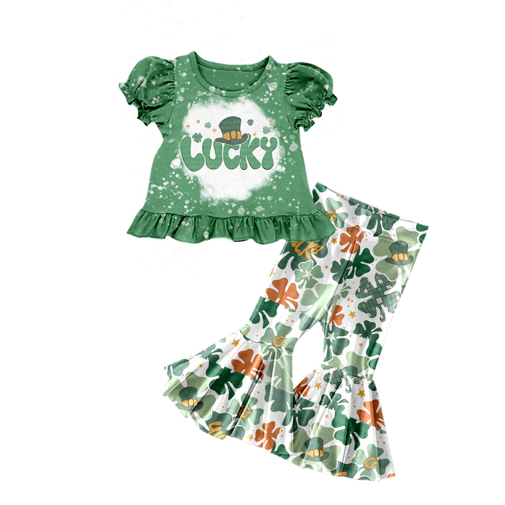 Baby Girls St Patrick Day Green Lucky Shirt Top Flare Pants Clothes Sets preorder