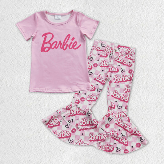 Baby Girls Doll Pink Shirts Denim Double Flare Bell Pants Clothes Sets