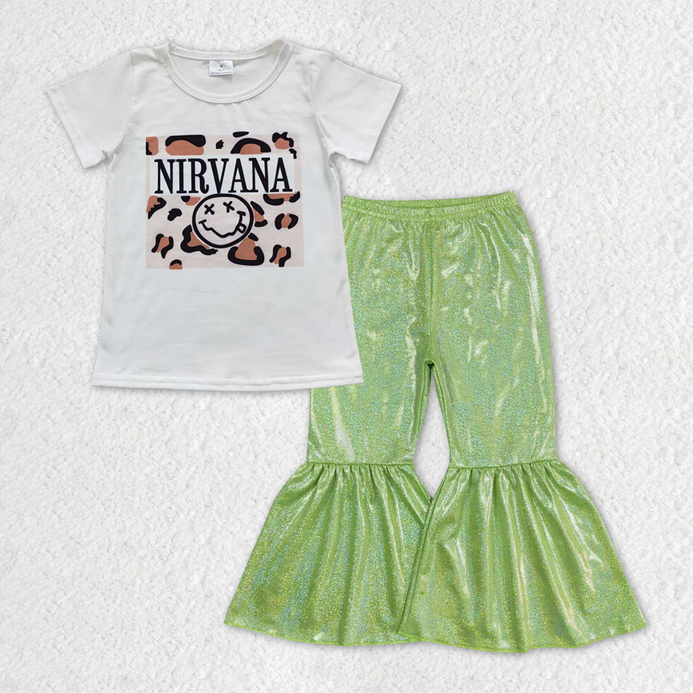 Leopard Baby Girls Tee Shirts Tops Green Sparkle Bell Pants Clothes Sets