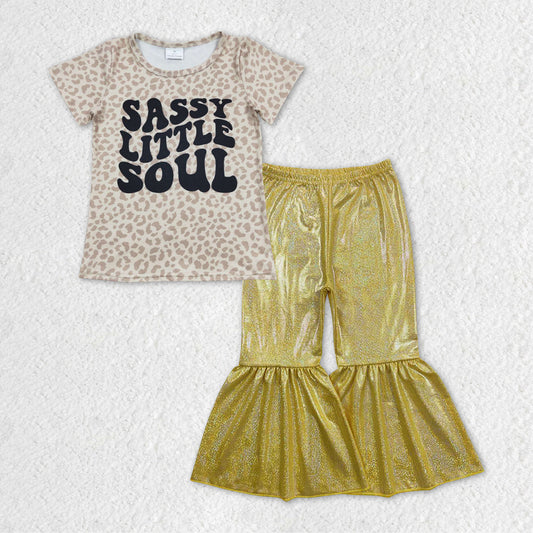 Sassy Little Soul Baby Girls Tee Shirts Tops Gold Sparkle Bell Pants Clothes Sets