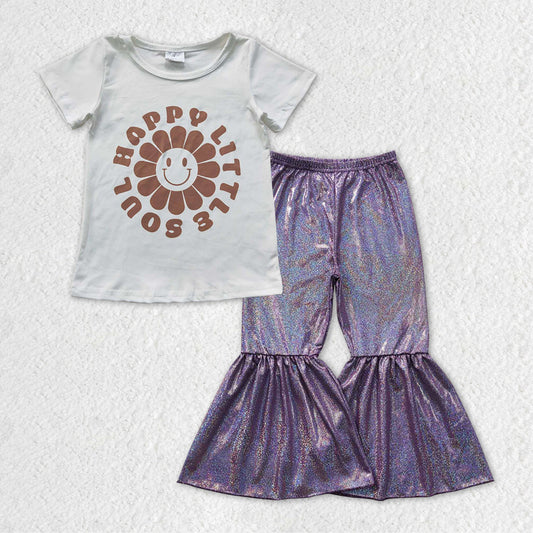 Happy Little Soul Baby Girls Tee Shirts Tops Purple Sparkle Bell Pants Clothes Sets