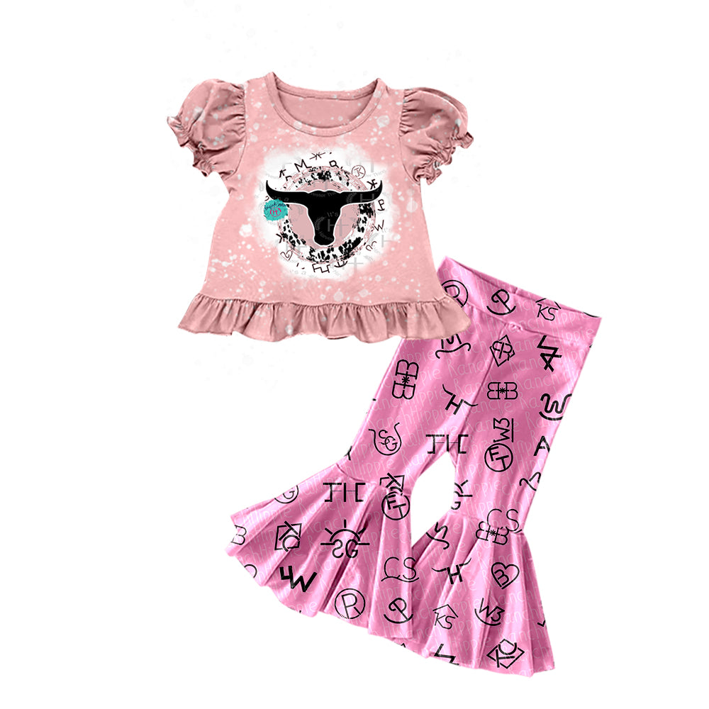 Baby Girls Western Pink Cow Shirt Words Flare Pants Clothes Sets preorder
