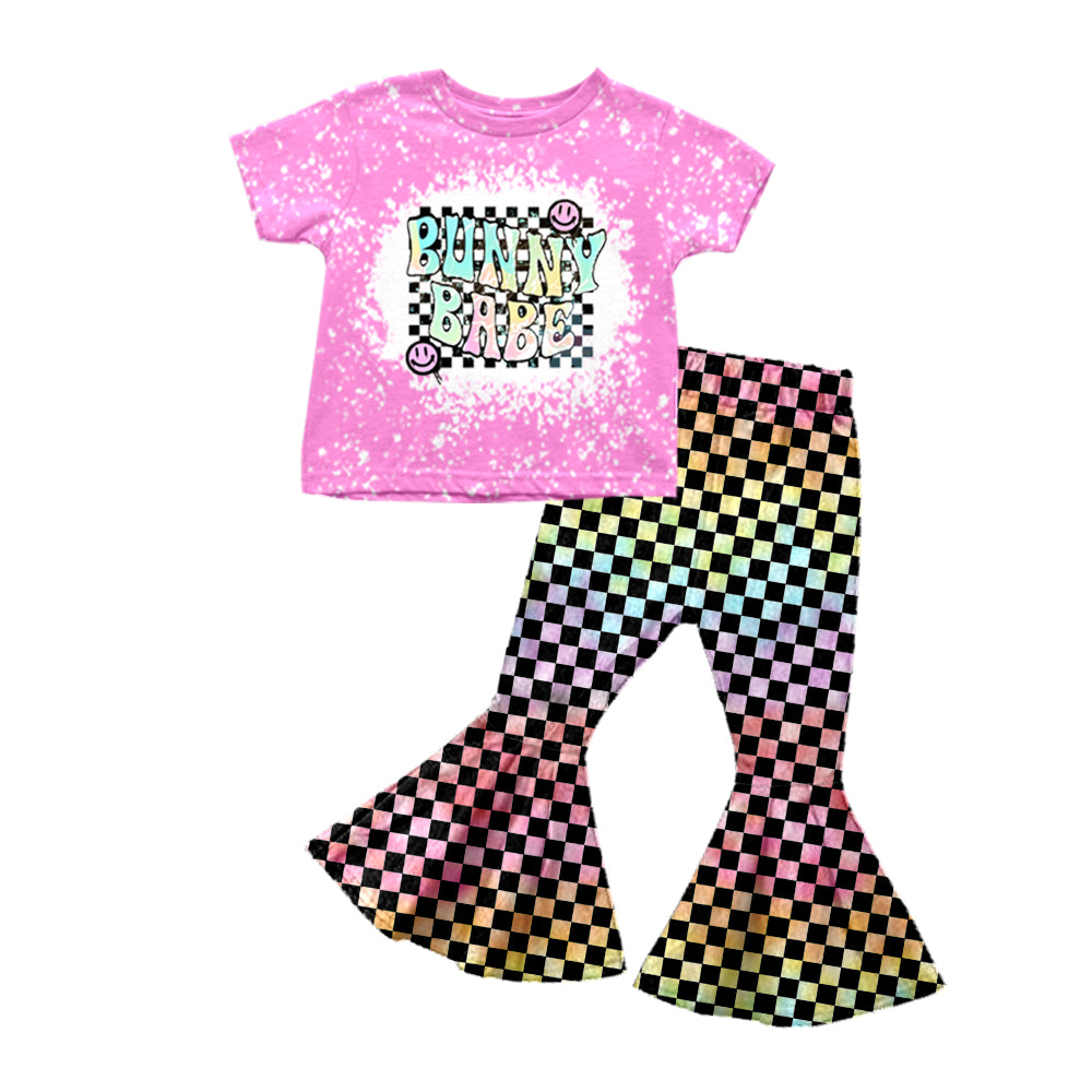 Baby Girls Bunny Babe Easter Shirt Colorful Checkered Flare Pants Clothes Sets preorder