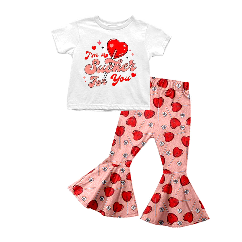 Baby Girls Valentines I'm A Suckers For You Short Sleeve Top Flare Pants Clothes Sets preorder
