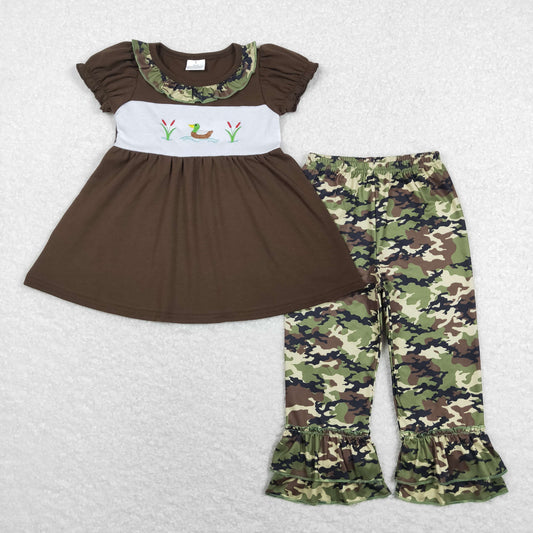 Sibling Baby Girls Embroidery Ducks Tunic Ruffle Pants Hunting Clothes Sets Pant Rompers