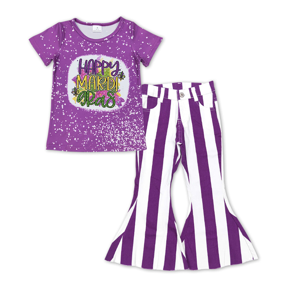 Baby Girls Mardi Gras Purple Tee Shirts Stripes Bell Pants Clothes Sets
