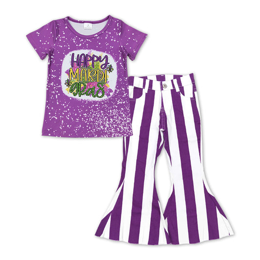 Baby Girls Mardi Gras Purple Tee Shirts Stripes Bell Pants Clothes Sets