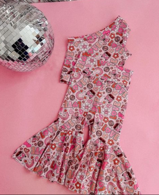 Baby Girls One Shoulder Valentines Love Flowers Top Flare Pants Clothes Sets preorder