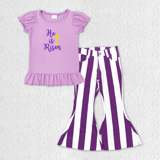 Baby Girls He Is Risen Shirts Toddler Denim Stripes Flare Pants Clothes Sets