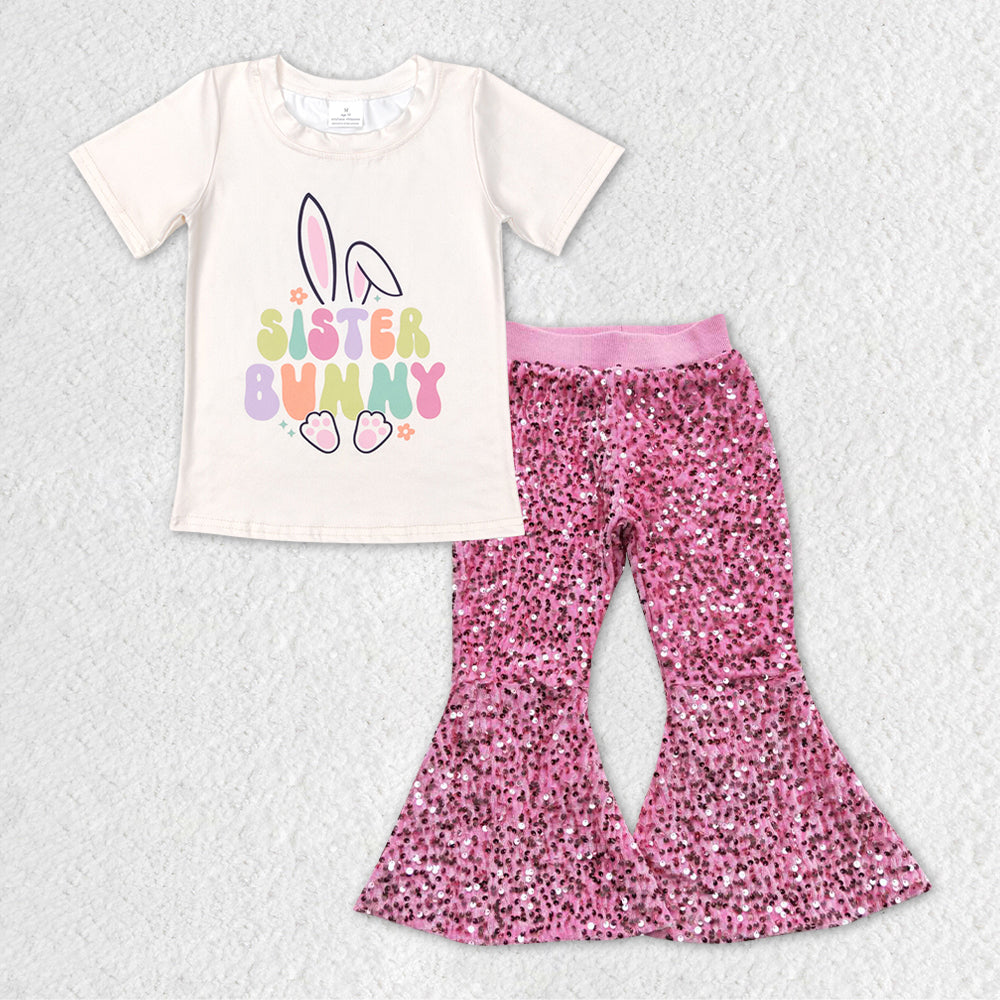 Baby Girls Toddler Easter Sister Bunny Tee Shirts Pink Sequin Party Pants Clothes Sets