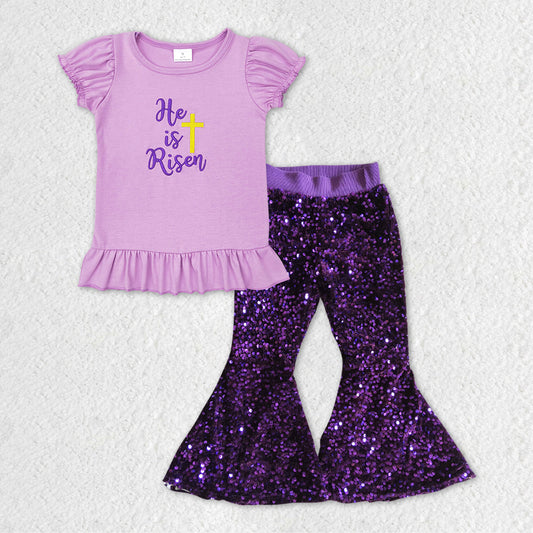 Baby Girls Toddler Easter He Is Risen Tee Shirts Purple Sequin Party Pants Clothes Sets