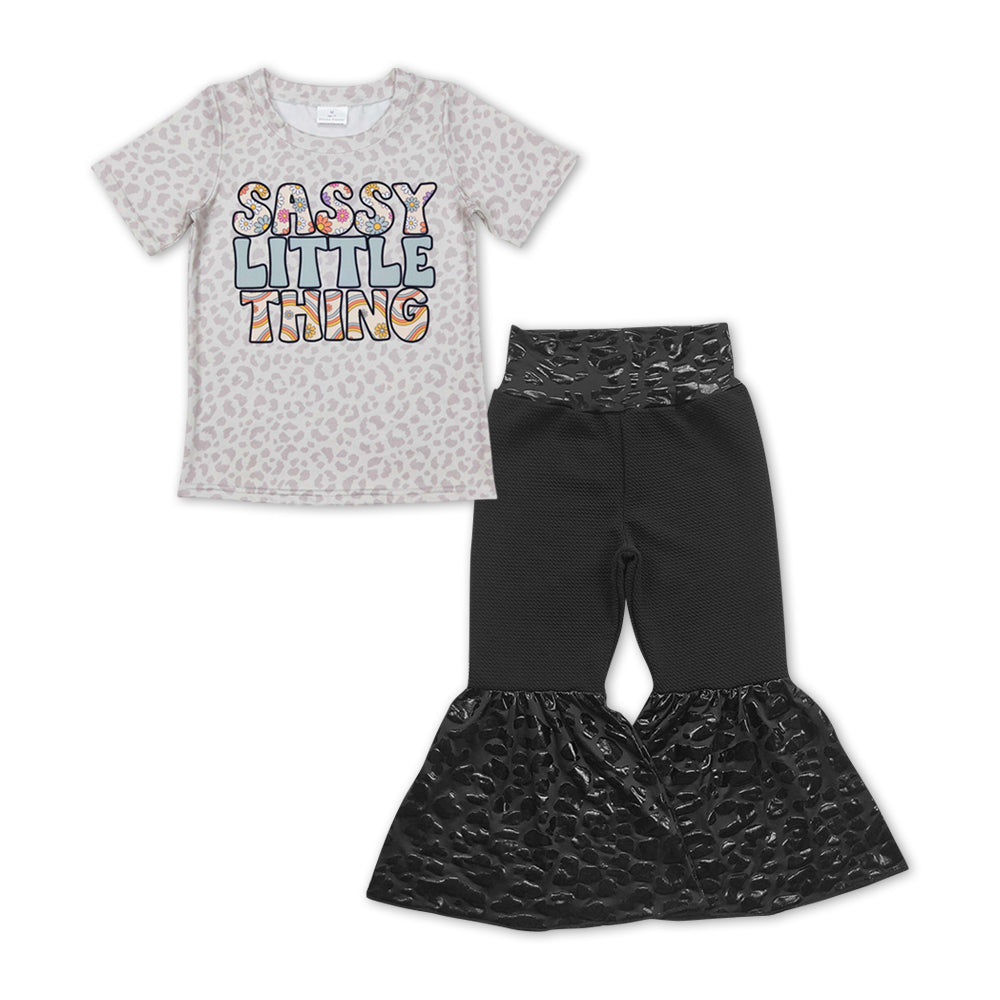 Baby Girls Sassy Little Thing Tee Tops Black Leopard Bell Pants Outfits Clothes Sets