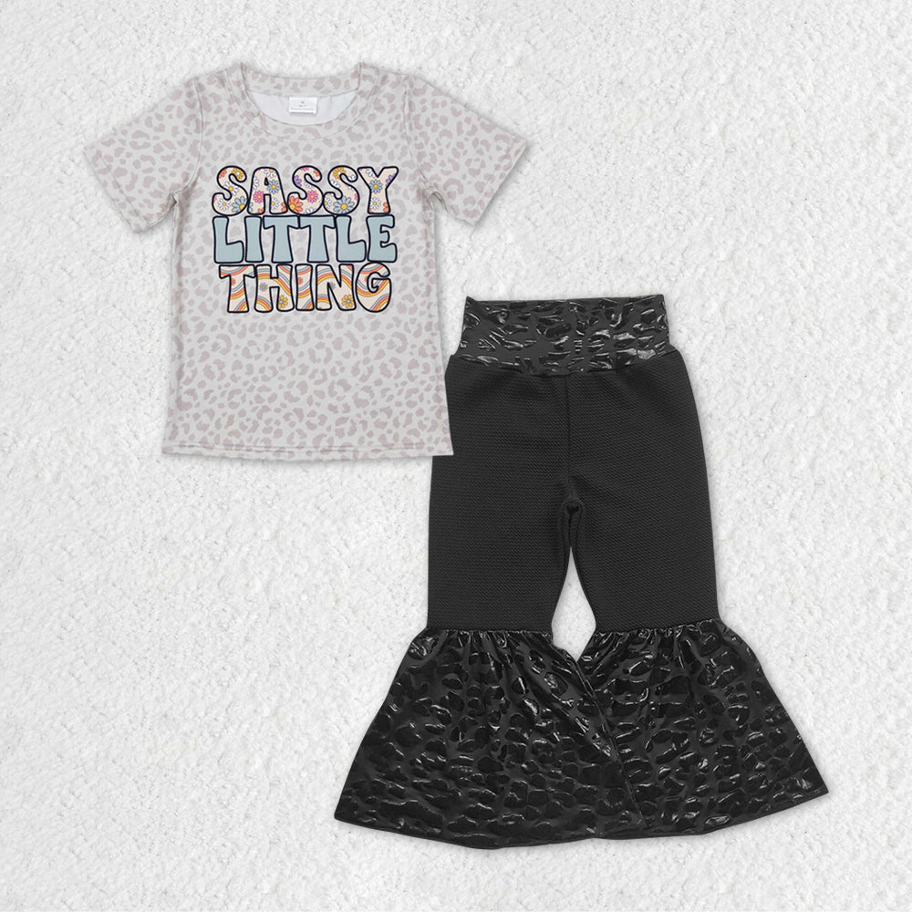 Baby Girls Sassy Little Thing Tee Tops Black Leopard Bell Pants Outfits Clothes Sets