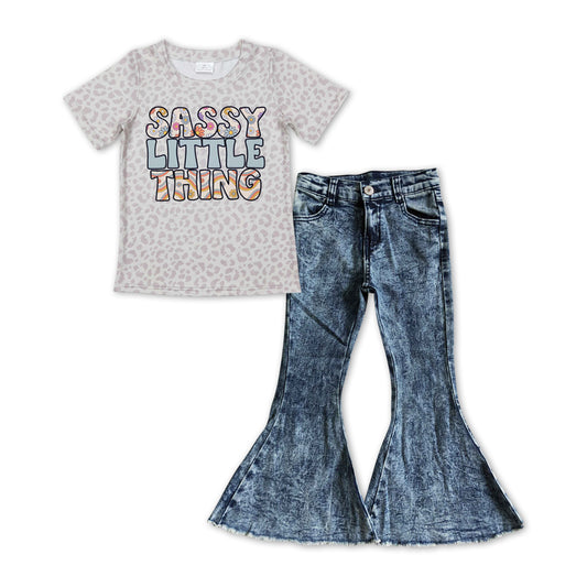 Baby Girls Sassy Little Thing Tee Tops Denim Bell Pants Outfits Clothes Sets