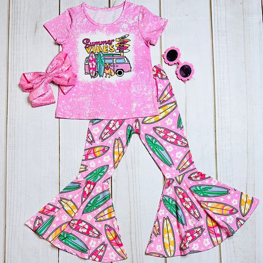 Baby Girls Summer Vibes Tee Shirts Top Bell Bottom Pants Clothes Sets Preorder