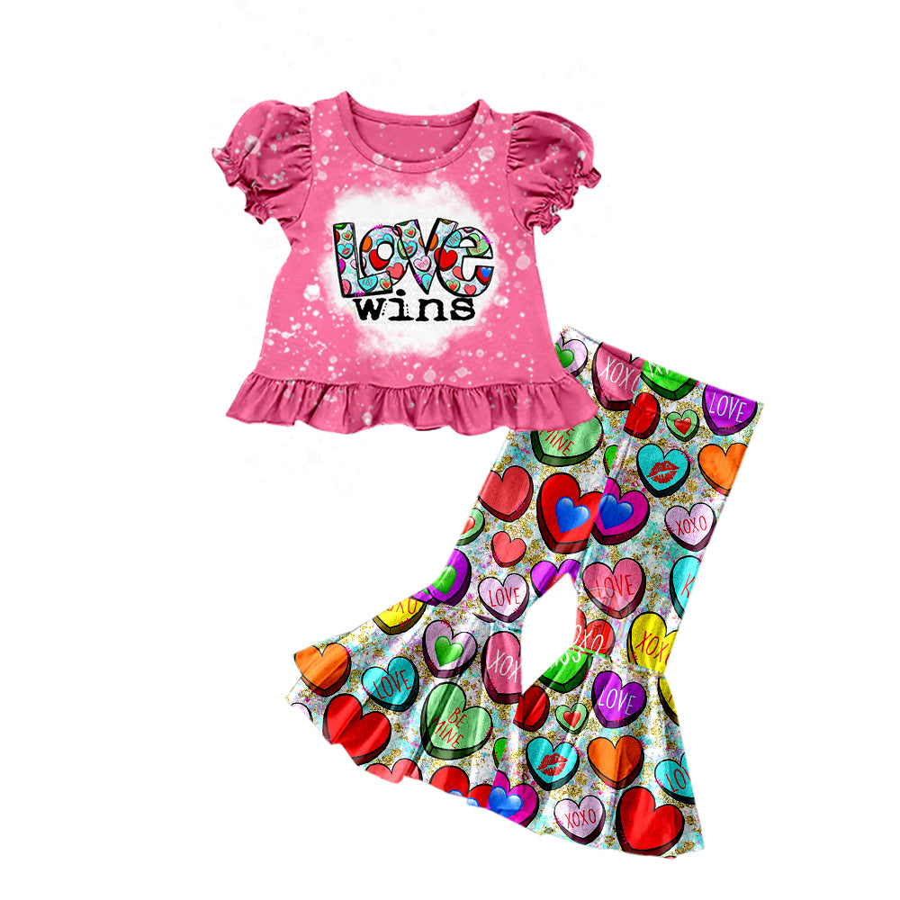 Baby Girls Valentines Love Tee Shirts Top Bell Bottom Pants Clothes Sets Preorder