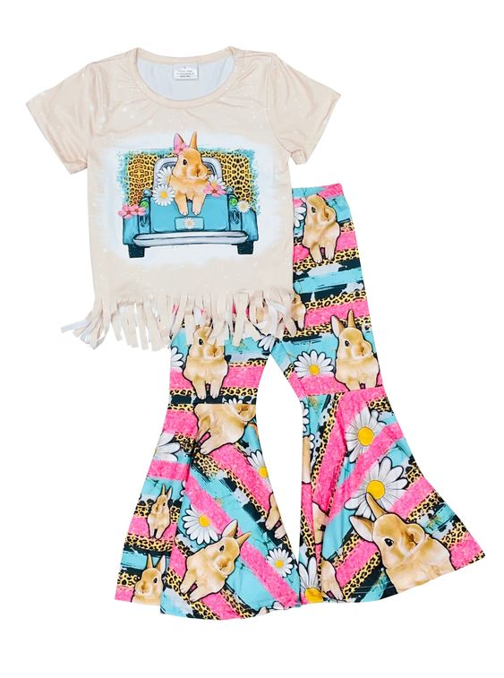 Baby Girls Easter Rabbit Tassel Tee Shirts Top Bell Bottom Pants Clothes Sets Preorder