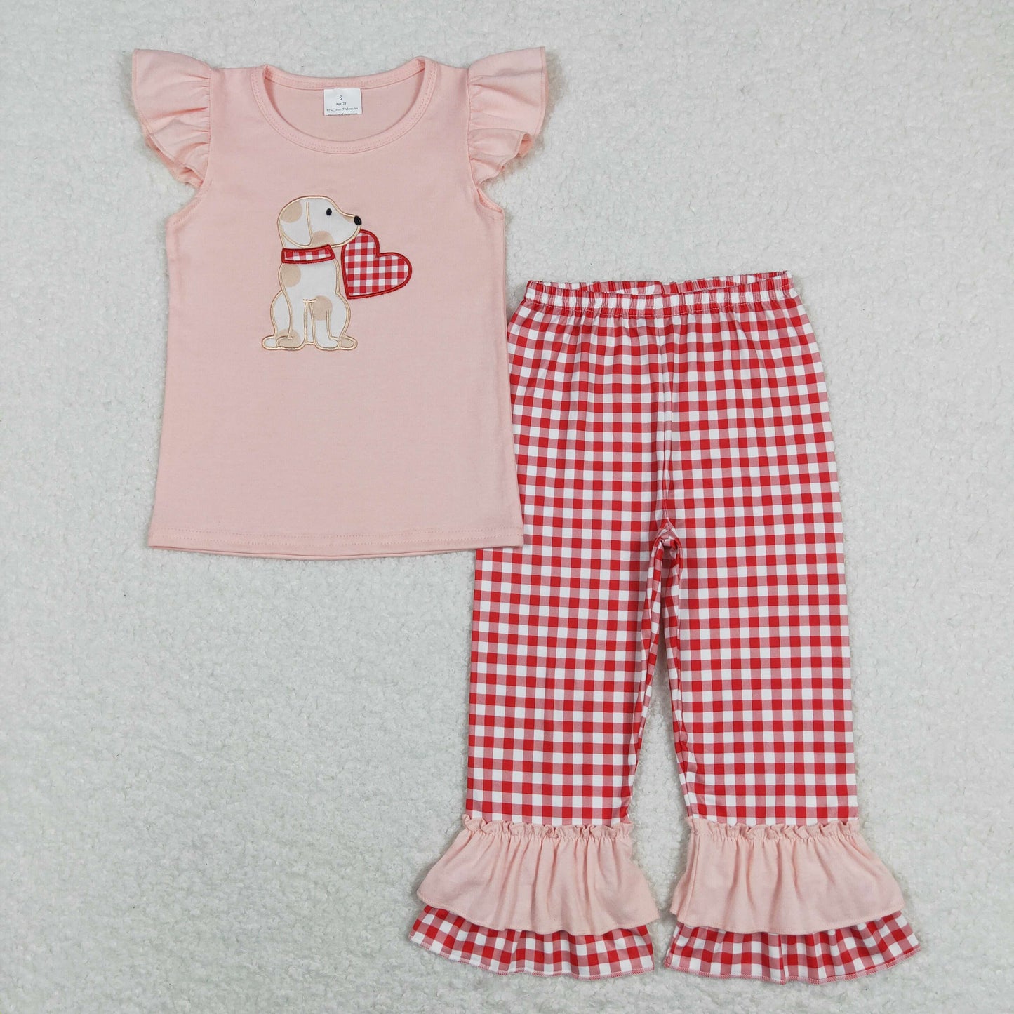Sibling Baby Boys Girls Embroidery Heart Dogs Red Checked Pant Bummies Valentines Clothes Sets