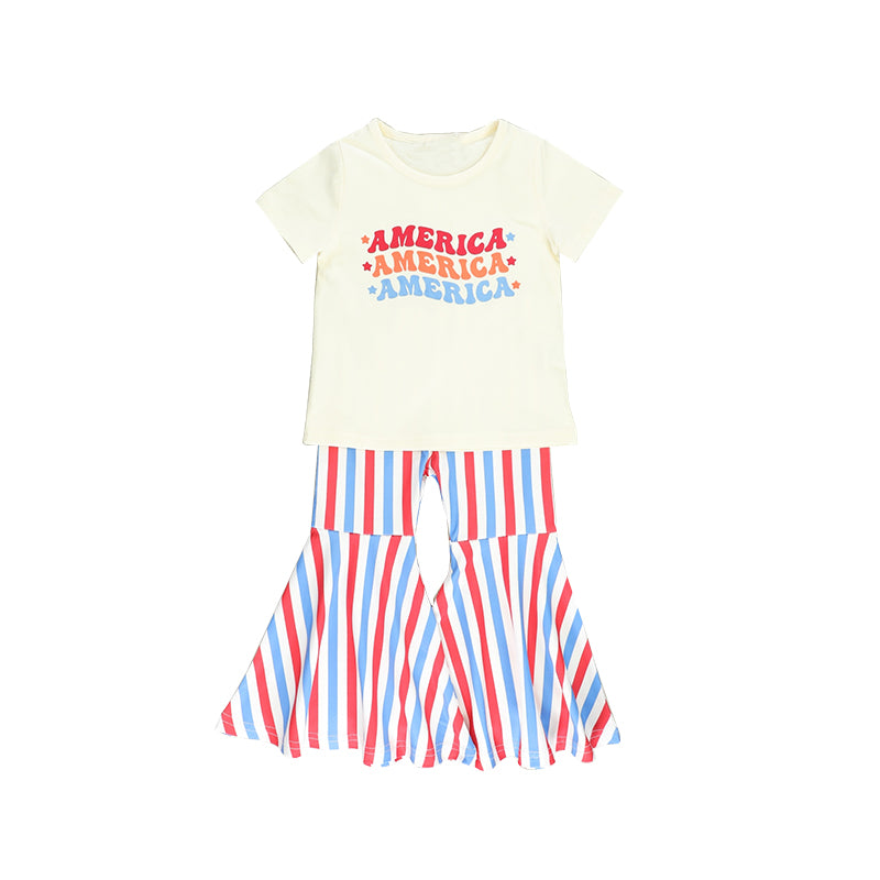 Baby Girls American Tee Shirts Top Stripes Bell Pants Outfits Clothes Sets Preorder