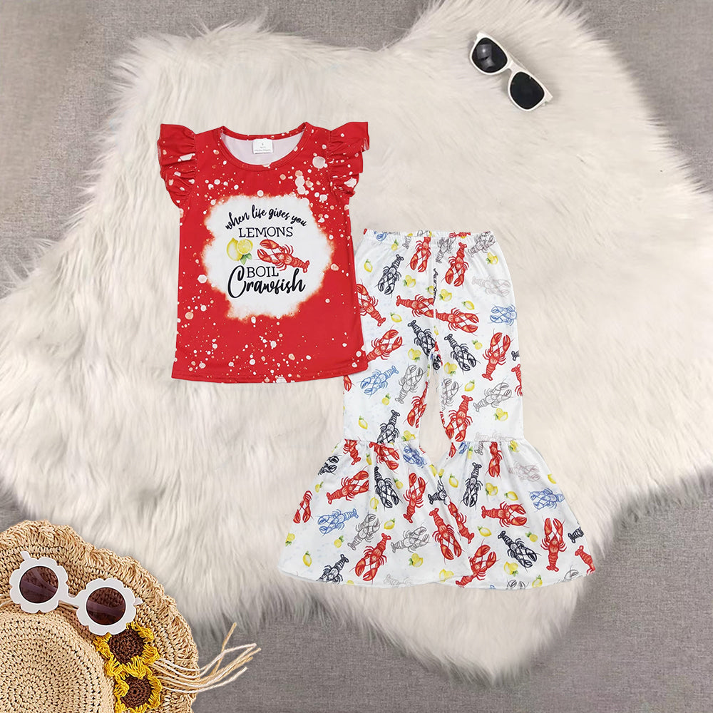 Sibling Baby Girls Short Sleeves Crayfishes Lemons Top Bell Bottom Pant Clothes Sets