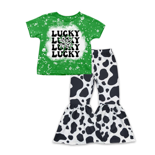 Baby Girls Green Lucky Tee Shirts Tops Cow Bell Pants Clothes Sets Preorder